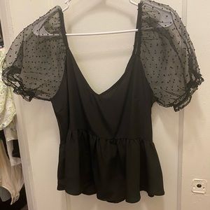 Black top with sheer puff sleeves